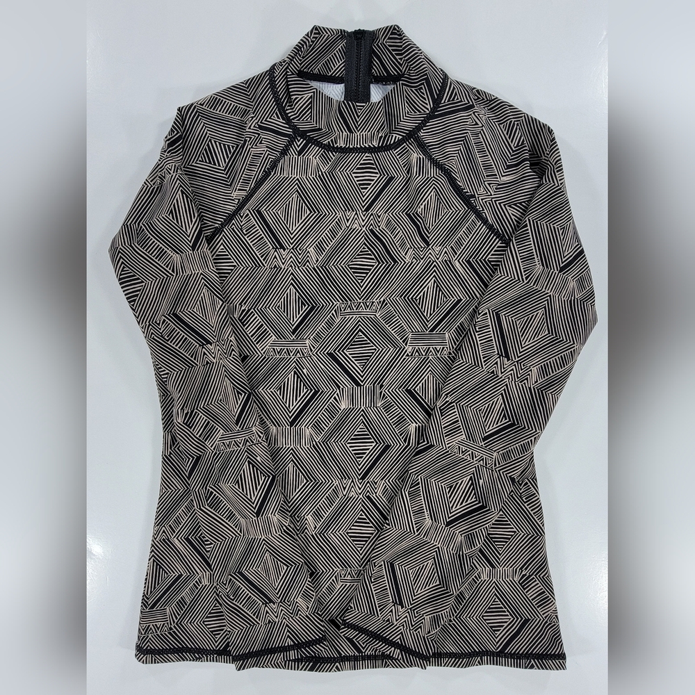 Garnet Hill Rashguard Top Womens XS Geometric Print UPF 50+ Black Cream Swim